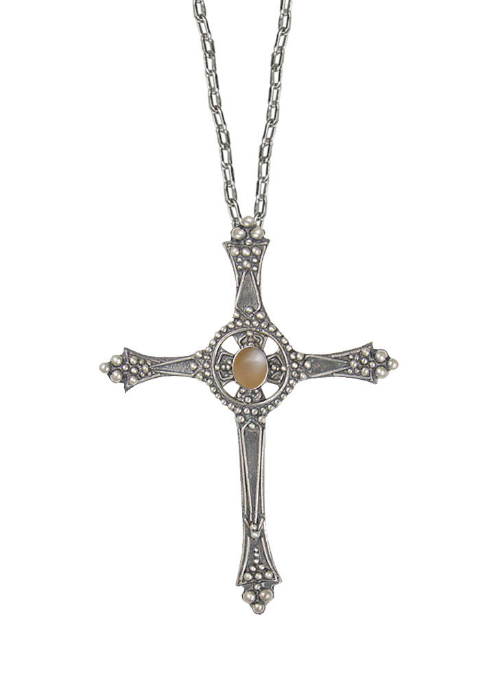 Sterling Silver Baroque Cross Pendant With Peach Moonstone